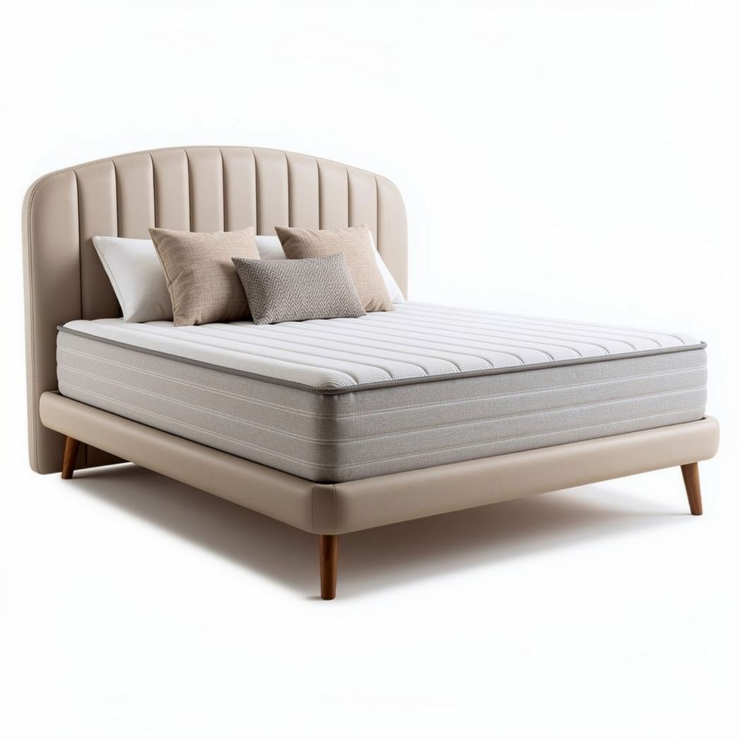Fabric upholstered bed frame with mattress in beige color 200 x 160 x 40cm
