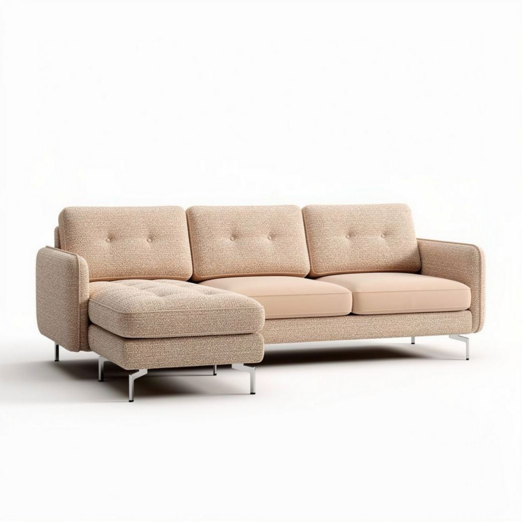 Modern L-shaped sectional sofa in light beige fabric with chrome legs