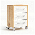 Wood and white three-drawer mobile storage cabinet with wheels 40 x 40 x 60cm