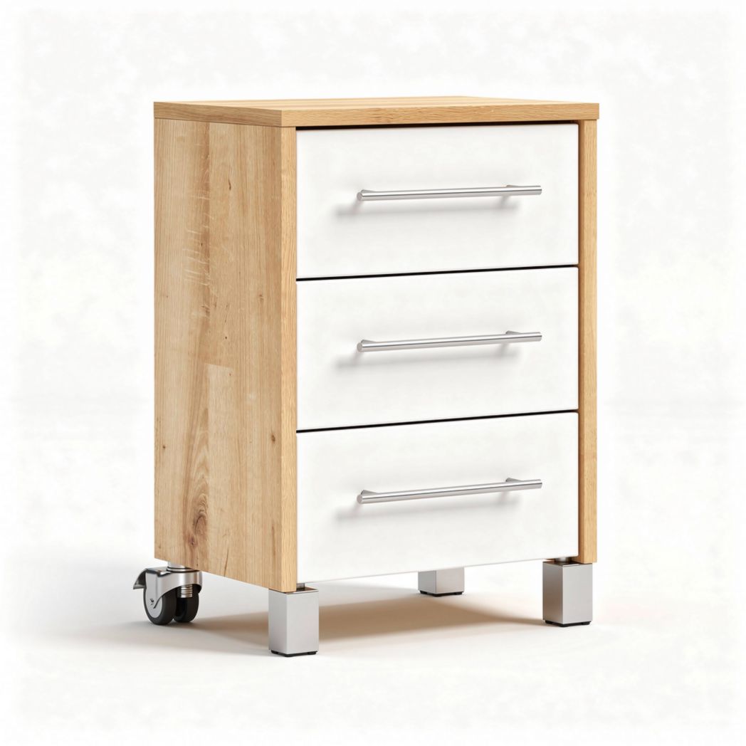 Wood and white three-drawer mobile storage cabinet with wheels 40 x 40 x 60cm