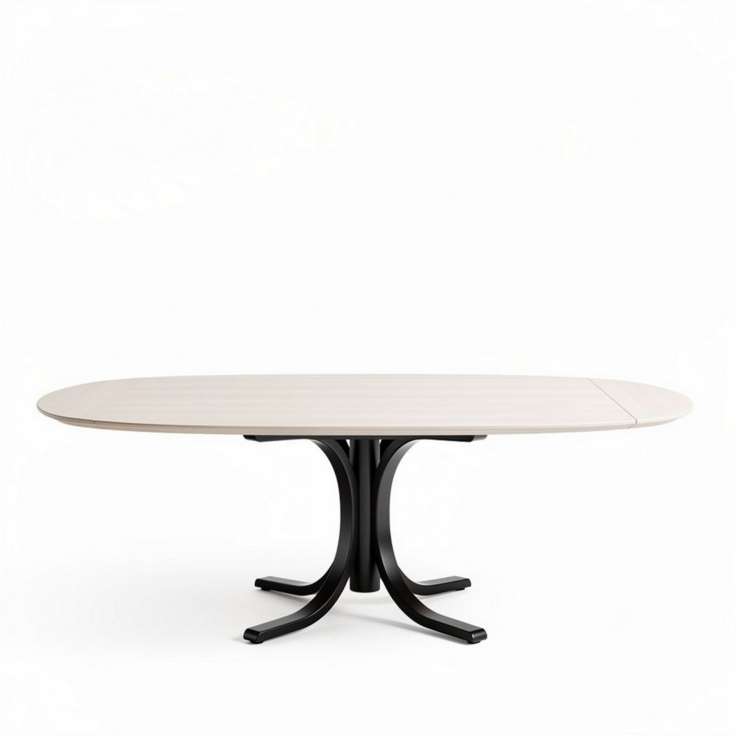 Oval dining table with wooden top and black metal base 78 x 39 x 30 inches
