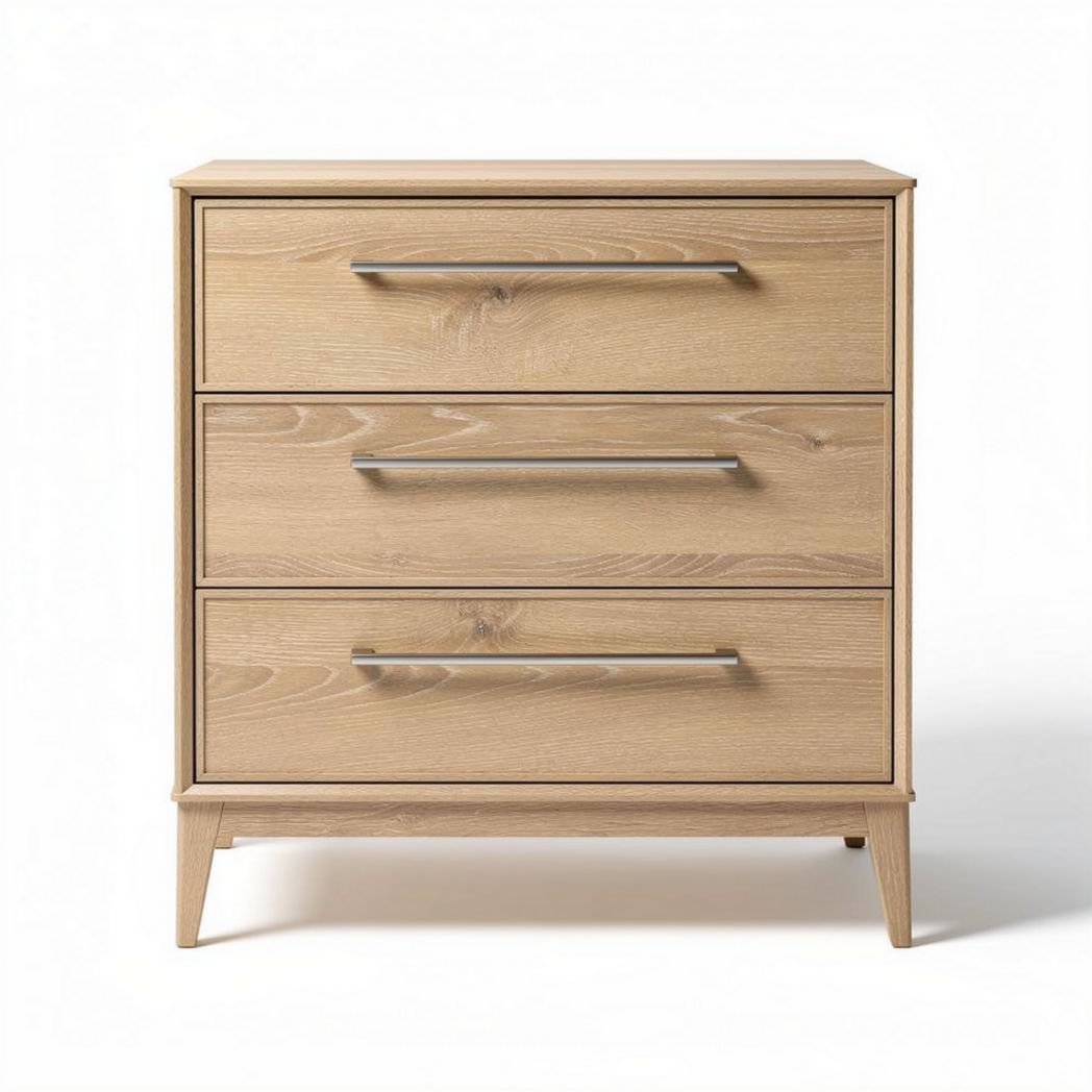 Wooden nightstand with three drawers and silver handles 60 x 40 x 70cm