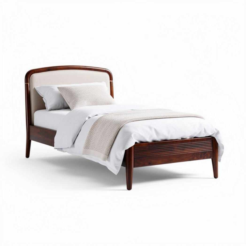 Wooden twin bed frame with curved headboard and natural finish 190 x 100 x 90cm