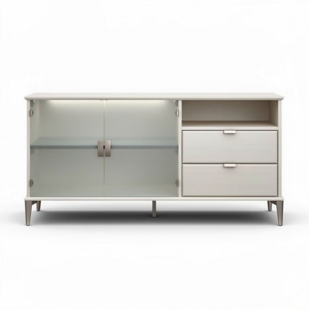 Glass front storage cabinet with two drawers and adjustable shelves 120 x 40 x 75cm